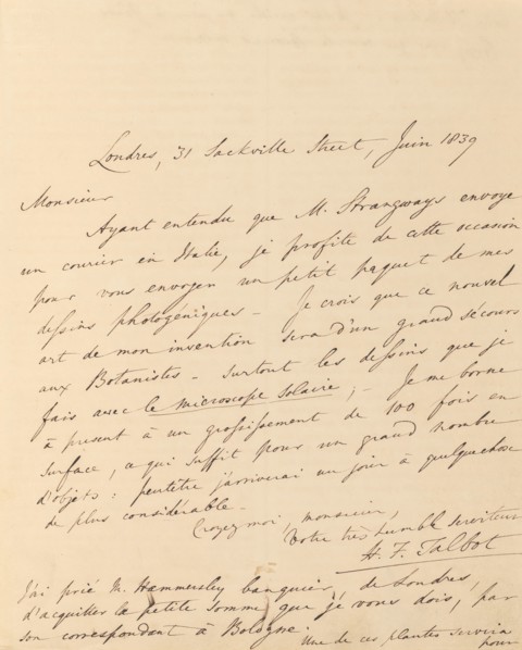 [Manuscript Letter from W. H. Fox Talbot to Antonio Bertoloni], 1839.