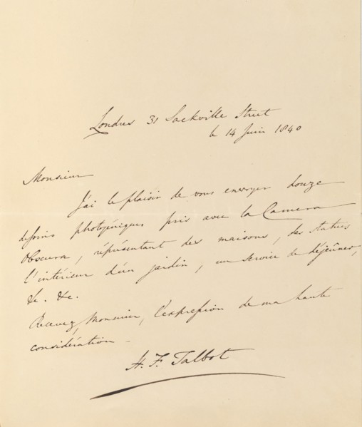 [Manuscript Letter from W. H. Fox Talbot to Antonio Bertoloni], 1840.