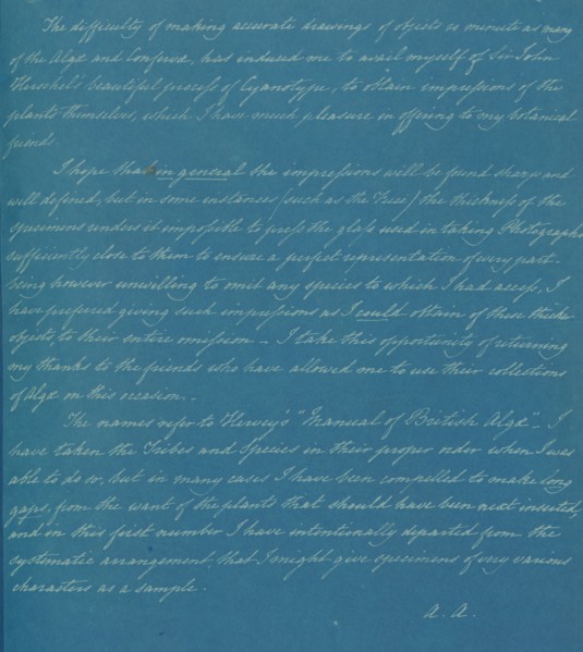 [Dedication Page 2], from Photographs of British Algae: Cyanotype Impressions, ca. 1853.