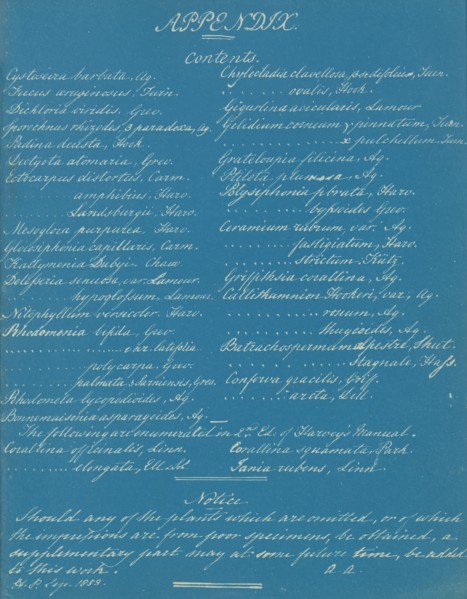 Appendix to Photographs of British Algae: Cyanotype Impressions, ca. 1853.