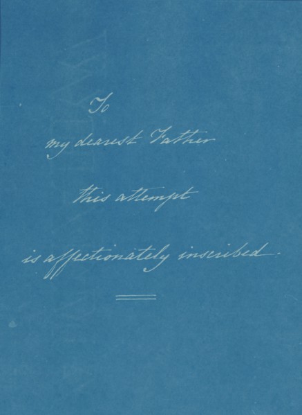 [Dedication Page 1] from Photographs of British Algae: Cyanotype Impressions, ca. 1853. A dedication to Anna Atkins' father, John George Children, a renowned chemist, mineralogist, and zoologist. He w...
