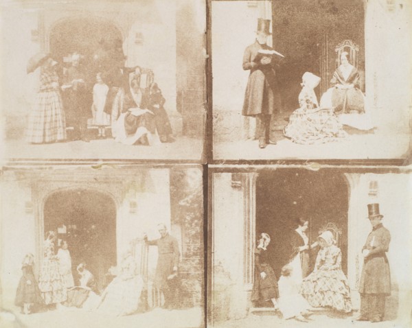 Contact sheet of four group portraits in a doorway, ca. 1850.