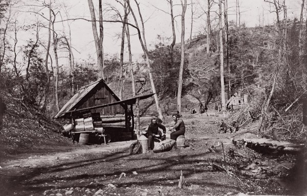 [A Union Station on the James River Established for Extracting Gunpowder from Confederate Torpedoes], 1864. Formerly attributed to Mathew B. Brady, Andrew Joseph Russell.