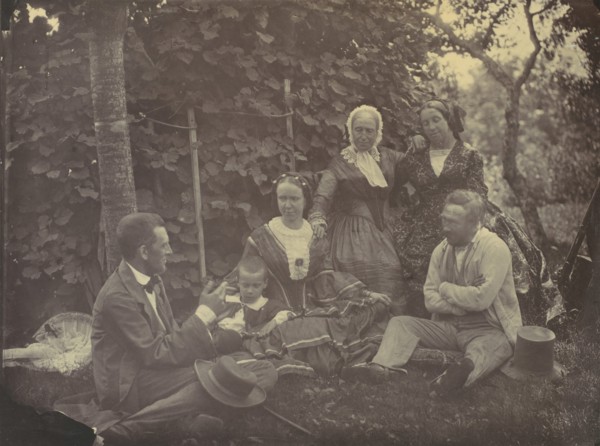 [Three Women,Two Men, and a Child on a Picnic], 1850s-60s.