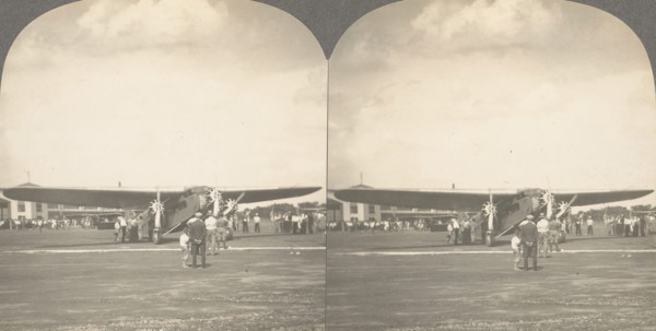 Group of 3 Sterograph Views of Aviation, including the Wright Brothers, 1900-1929. ('All Aboard! Giant Plane at Columbus, Ohio, on First Air-Rail Trip, New York to Los Angeles, July 2, 1929).