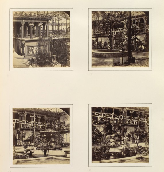 [Elevated View of Egyptian Court; Ninevah Court; Monti's Fountain, and Nineveh Court; Assyrian Court with Workers], ca. 1859.