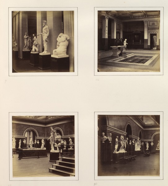 [Greek Court with Farnese Torso of a Youth; View of a Classical Fountain and Pool; Roman Gallery with Apollo Belvedere and Model of the Roman Forum; Roman Sculpture Court], ca. 1859.