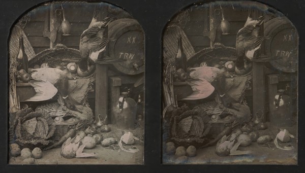 Stereograph Still-life of Fowl with Initialed Barrel and Root Vegetables, 1850s.