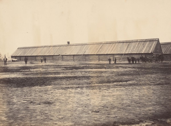 Civil War View, 1860s. (Section of logs Hospital Point Rocks Virginia).