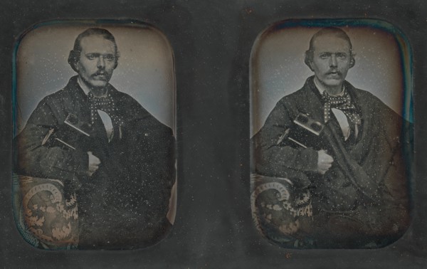 Stereoscopic Portrait of Man Holding Stereoscopic Viewer, 1840s-60s.