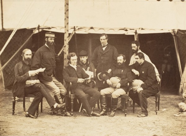 Group Portrait: (L-R) Col.Yule P.W.D., Major Jones A.D.C., Mr. Walters, Captain Stanley A.D.C., Captain Baring A.D.C., Captain Roberts V.C.D.A.Q.M.G., Captain Hills V.C. A.D.C. and Sir E. Campbell Bar...