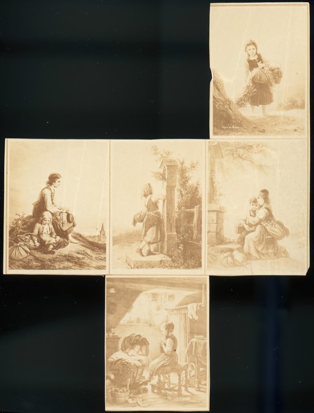 Uncut sheet of reproductions of paintings of children, 1870s.