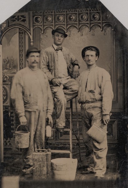 Three Painters, Arranged On and Around a Ladder, with Brushes, Bucket, and Paint Can, 1870s-80s.
