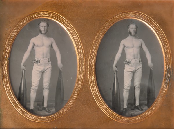 Stereoscopic Case, Partially Nude Strongman Holding Indian Clubs, 1853-60s.