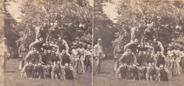 250 Stereographs of US Views, 1850s-90s. [War Views, no. 814. Gymnastic Field Sports of the Gallant 7th. A four-story pile of Men.]