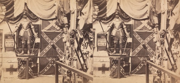 225 Stereographs of United States Architecture, 1850s-90s. [The Great Metropolitan Sanitary Fair. No. 1702. The Department of Arms and Trophies. Showing Confederate Battle Flags, Suit of Ancient Armor...