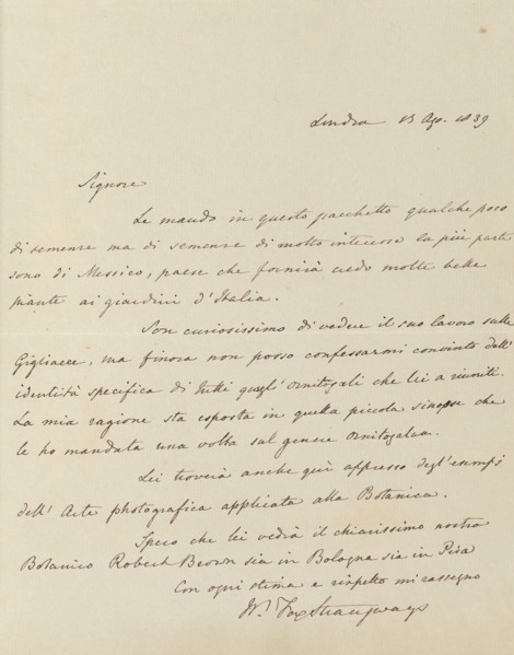 Manuscript Letter from William-Fox Strangways to Antonio Bertoloni, 1839. [Letter in Italian, discussing botany].