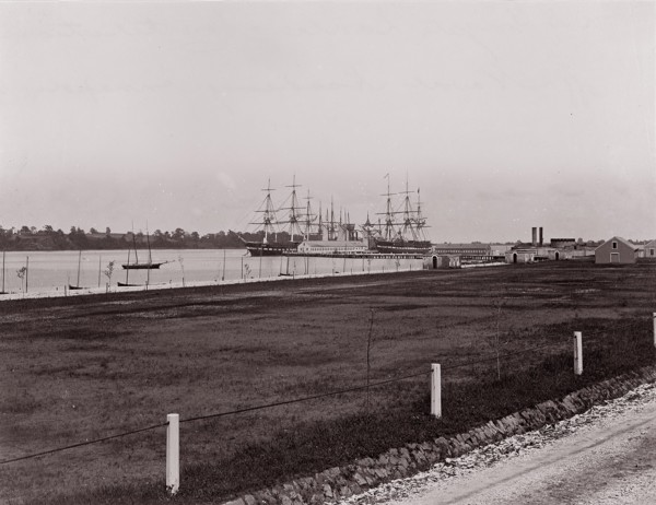 Frigates "Santee" and "Constitution" off Naval Academy, Annapolis, 1861-65. Formerly attributed to Mathew B. Brady.