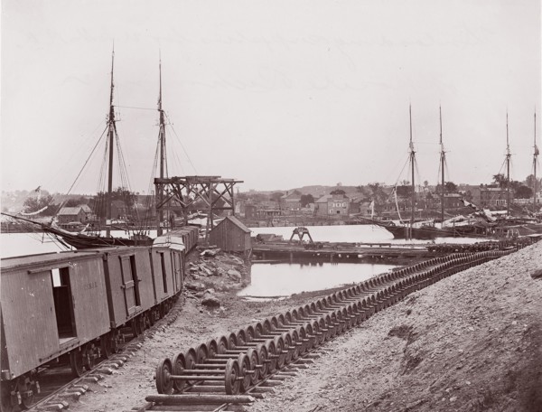 Unloading Supplies for U.S. Military Railroad opposite Richmond, Virginia, ca. 1865. Formerly attributed to Mathew B. Brady.