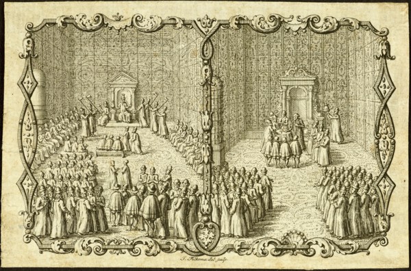 Audience at the Russian Czar, Moscow. Published by Jacob Ulfeldt. Creator: Anonymous.