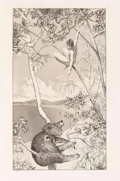 Bear and Elf (Bär und Elfe) (plate I) from Intermezzos, Opus IV (Intermezzi, Opus IV), c. 1880. Creator: Klinger, Max (1857-1920).