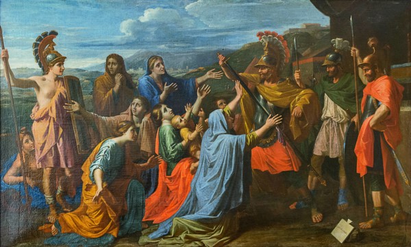 Coriolanus persuaded by his Family to spare Rome (Veturia at the Feet of Coriolanus), ca 1652. Creator: Poussin, Nicolas (1594-1665).