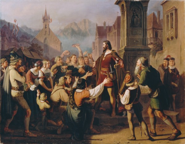 Duke Friedrich IV, disguised as a minstrel, reveals himself to his faithful Tyroleans..., 1851. Creator: Schams, Franz (1823-1883).