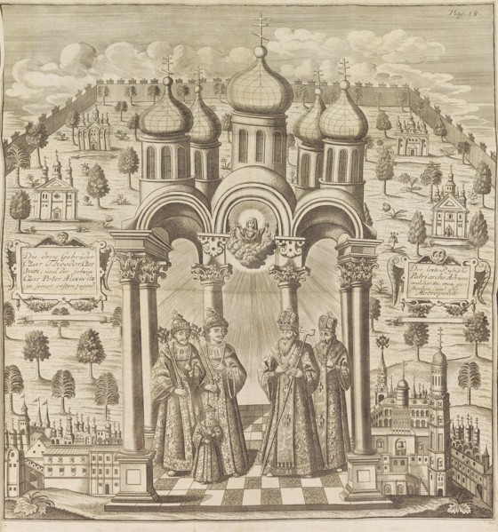 Feodor III, Peter I, Ivan V and Patriarch Adrian I. From "Das veraenderte Russland"..., 1721. Creator: Weber, Friedrich Christian (?-1739).