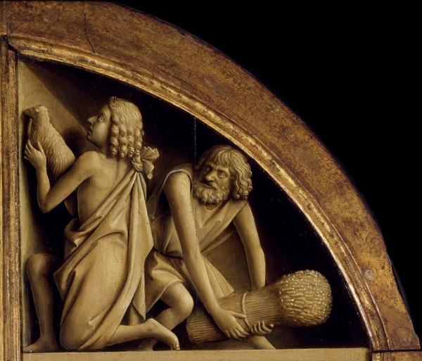 The Ghent Altarpiece. Adoration of the Mystic Lamb: The sacrifice of Cain and Abel, 1432. Creator: Eyck, Jan van (1390-1441).