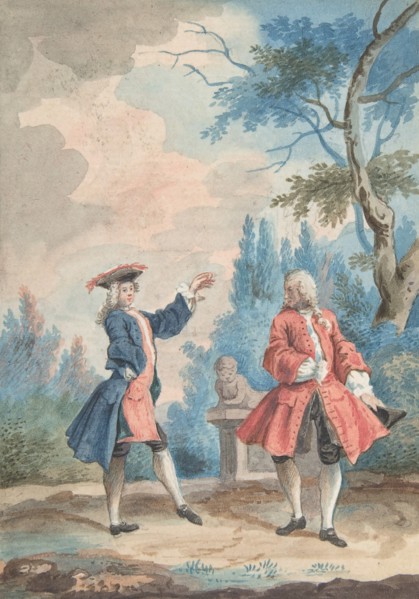 Two dancing male figures in a landscape, 18th century. Creator: Anon.