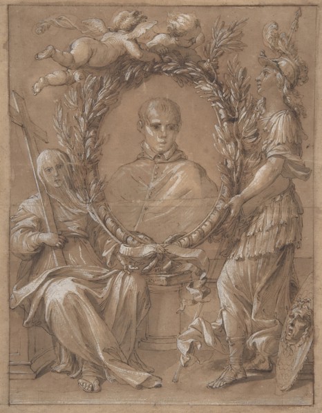 Portrait of an Ecclesiastic Flanked by a Female Saint and Athena, 17th century. Creator: Anon.