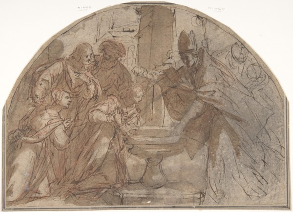 Scene of a Baptism of a Woman by a Bishop with Onlookers, 17th century. Creator: Anon.