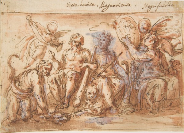 Allegorical Figures: Force, Hercules Strangling the Hydra, Plenty, and Fame, 1600-1650. Creator: Bernardino Rodriguez.