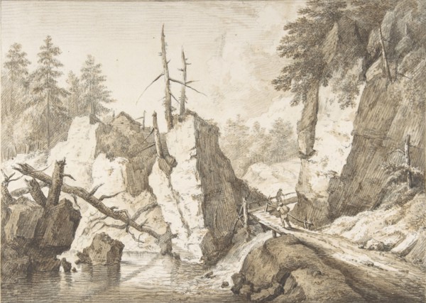 Swiss mountain landscape with small bridge spanning a brook, 1751-81. Creator: Franz Schutz.