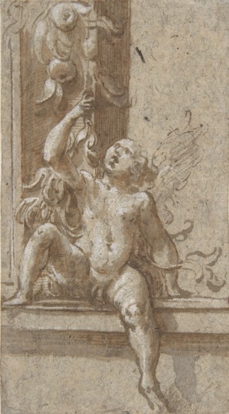 A Putto Seated on a Frame, ca. 1538-40. Creator: Girolamo Mazzola Bedoli.