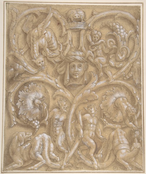 Design for an Ornamental Panel with Rinceaux, Satyrs, Putti, Monsters and a Human Head, 1535-45. Creator: Attributed to Giulio Campi.