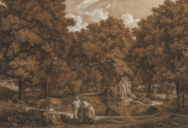 Arcadian Landscape with Three Figures at a Lake, 1792. Creator: Johann Christian Reinhart.