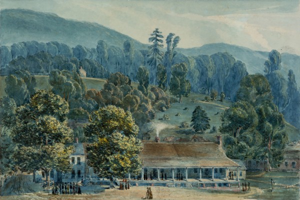 Dining Room and Stage Offices at White Sulphur Springs, 1832. Creator: John Hazelhurst Boneval Latrobe.