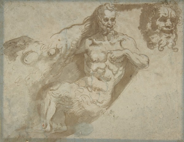 Seated satyr, with enlarged head of same (recto); head of a woman (verso), 1527-96. Creator: Pellegrino Tibaldi.