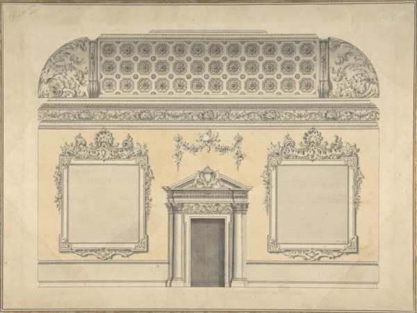 Design for Section of a Rococo Room, with a Coved Ceiling and Ornamented Corinthian..., ca.1750. Creator: Attributed to Thomas Lightoler.