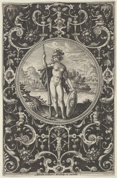 Minerva in a Decorative Frame with Grotesques, from the Judgment of Paris, c1580-1600. Creator: Adriaen Collaert.