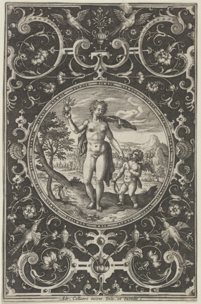 Venus and Cupid in a Decorative Frame with Grotesques, from the Judgment of Paris..., c1580-1600. Creator: Adriaen Collaert.
