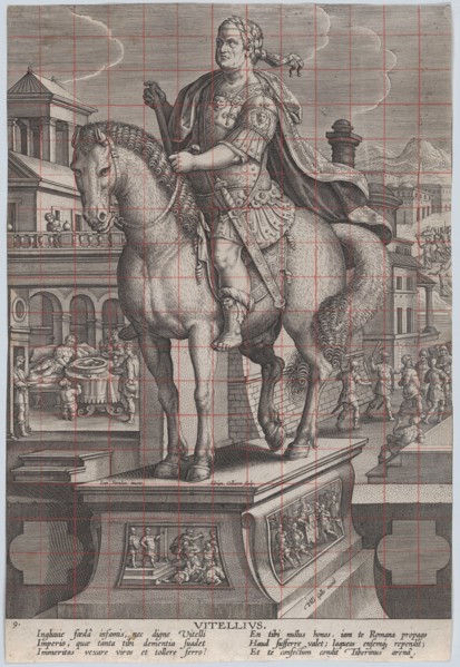 Plate 9: equestrian statue of Vitellius, seen three-quarters to the left, with his ..., ca. 1587-89. Creator: Adriaen Collaert.
