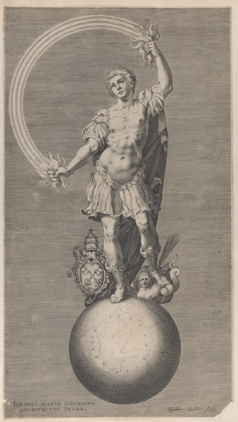 Allegorical figure of a warrior standing on a globe with the papal coat of arms a..., ca. 1588-1629. Creator: Aegidius Sadeler II.
