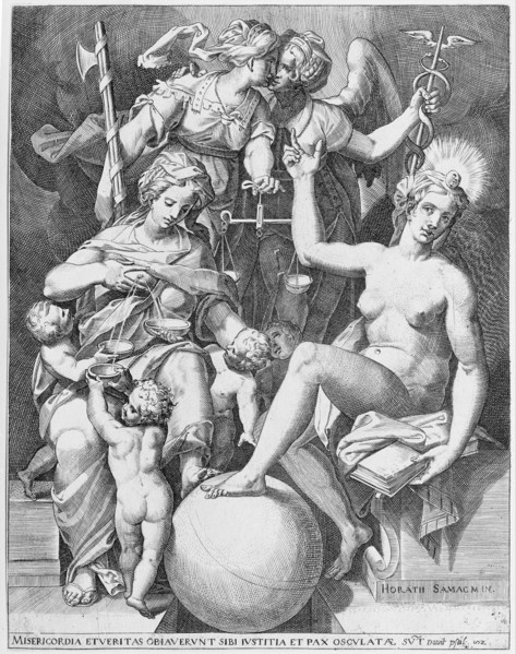 Allegory of the Psalm of David; Misericordia seated to the left feeding four children with..., 1579. Creator: After Agostino Carracci.