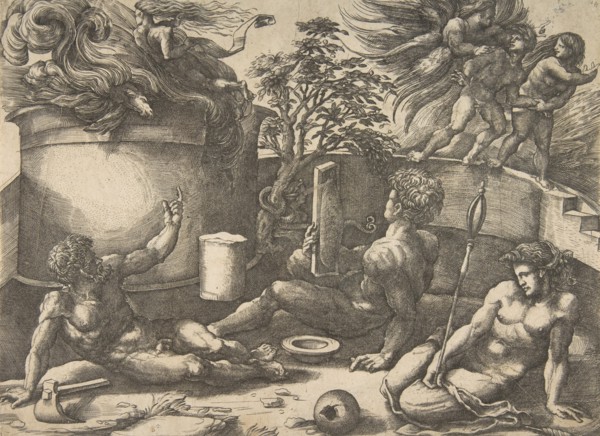 Cain holding a mirror watching his sacrifice engulfed in flames, Adam and Eve seate..., ca. 1530-50. Creator: Agostino Veneziano.