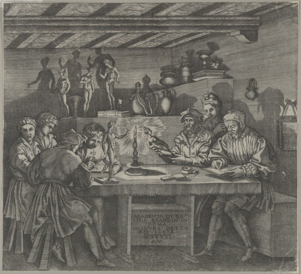 Baccio Bandinelli in his studio holding a statuette of Venus, students sketching from a mo..., 1531. Creator: Agostino Veneziano.