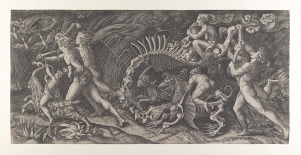 Lo Stregozzo: a female witch riding on an animal skeleton, preceded by two men and ..., ca. 1515-25. Creator: Agostino Veneziano.