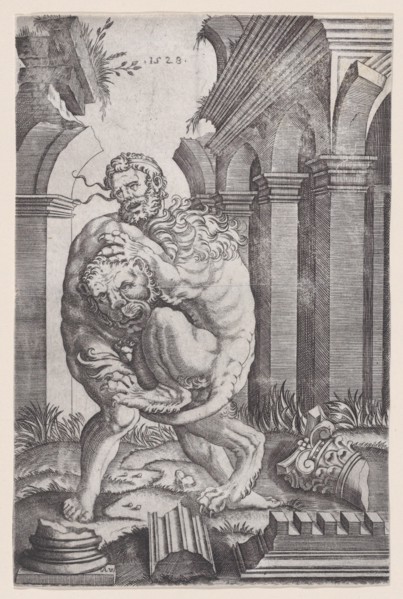 Hercules Strangling the Nemean Lion, dated 1528. Creator: Agostino Veneziano.