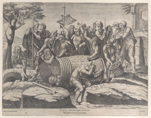 Marcus Atilius Regulus in a barrel while two men are hammering in the nails, various fi..., 1555-77. Creator: Diana Mantuana.